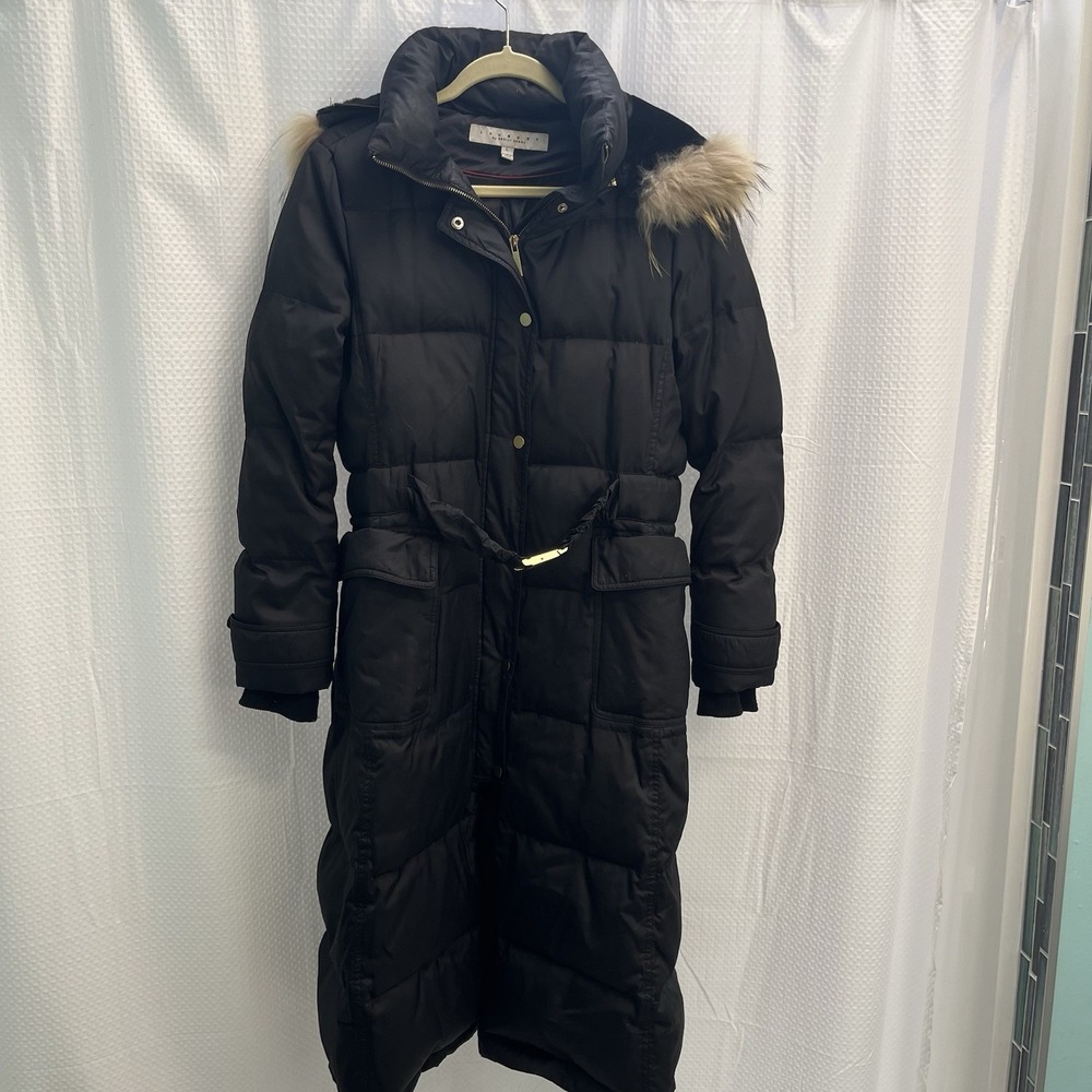 Laundry By Shelli Segal‎ Longline Hooded Down Coat Real Fur Trim Large Belted